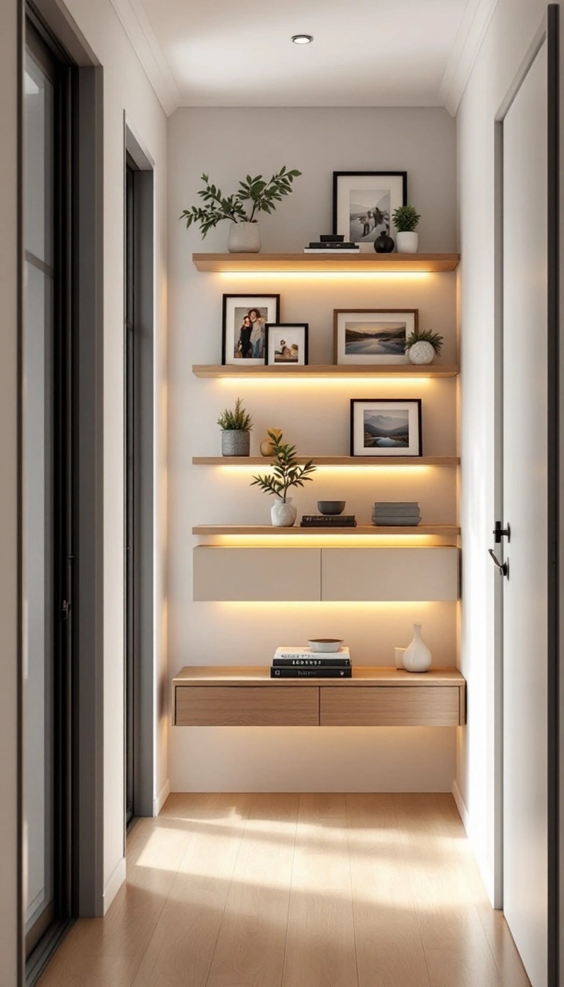 Floating Oak Ledges and Wall Drawers with Warm Under-Lighting