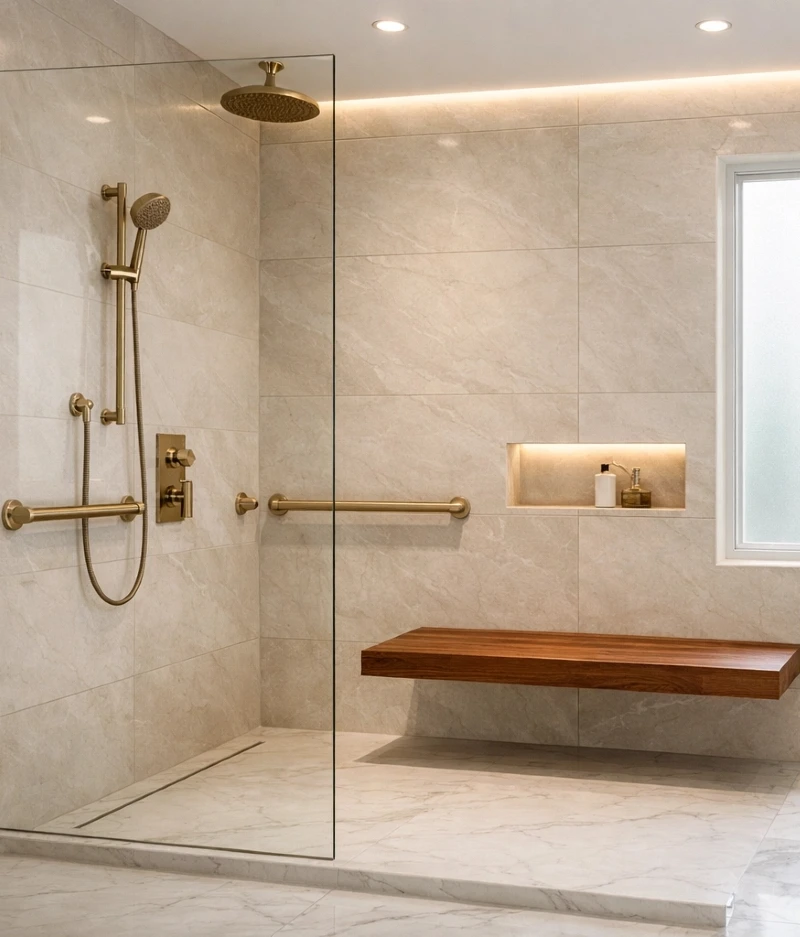 Floating Teak Shower Bench with Warm Brushed Brass Grab Bars and Illuminated Niche