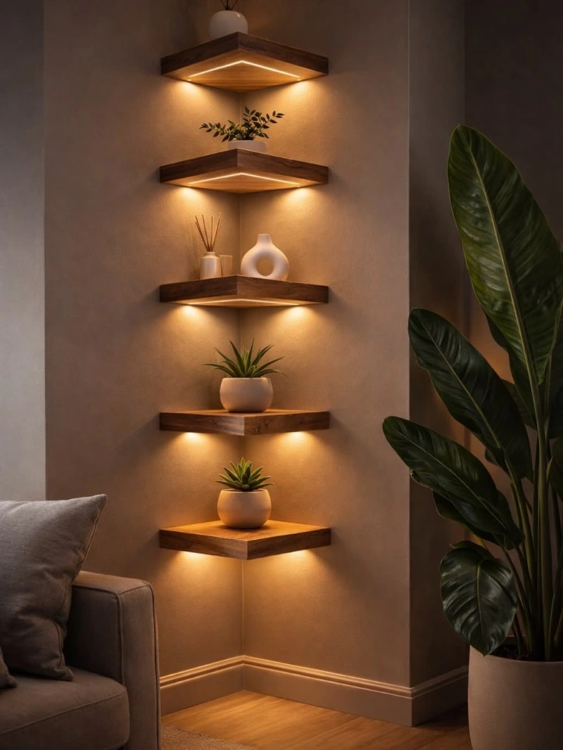 Floating Wooden Corner Shelves with Integrated Under-Lighting and Potted Succulents