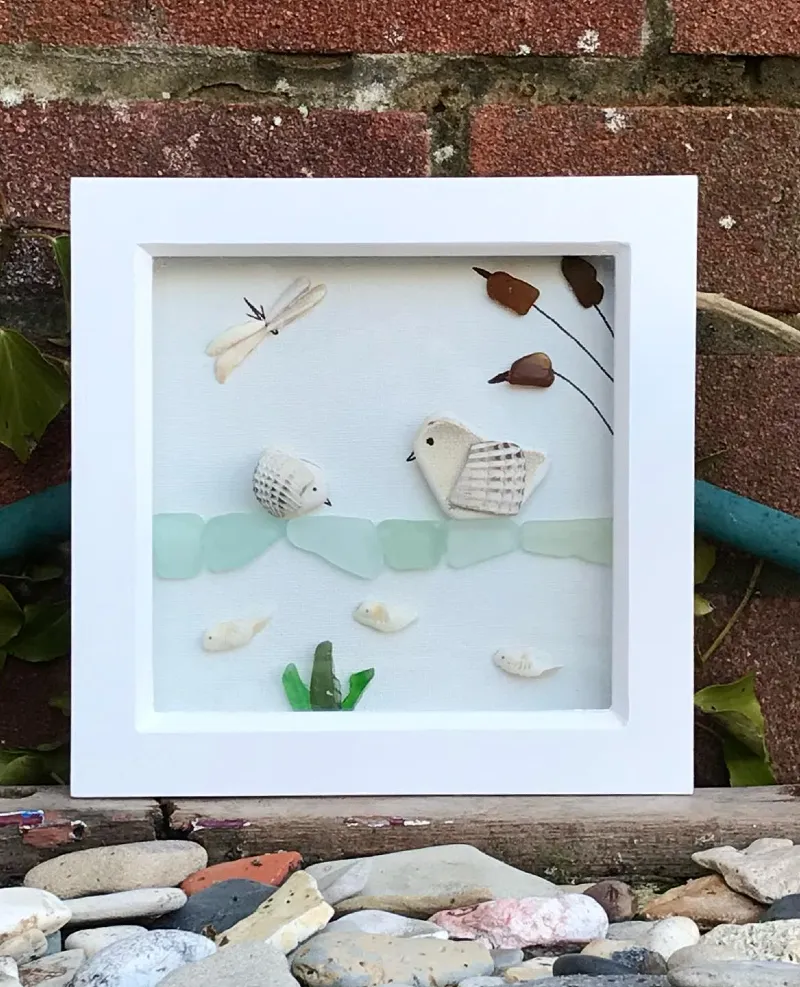 Framed Sea Glass and Pebble Art Picture of Birds by a Pond