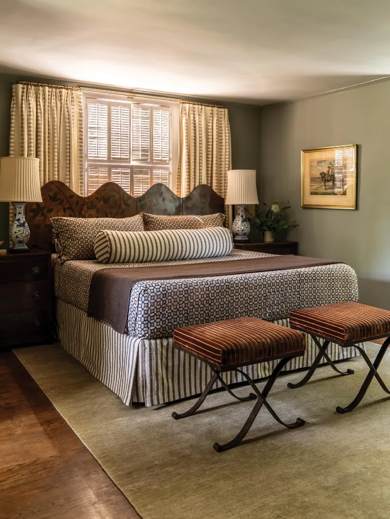 Geometric Bedding with Striped Bolster and Chocolate Brown Coverlet