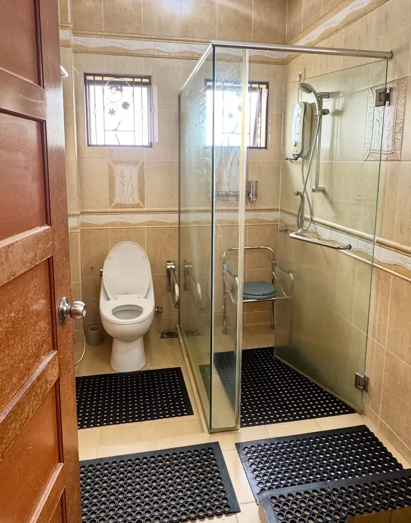 Glass-Enclosed Walk-In Shower with Stainless Steel Support Bar and Anti-Slip Drainage Mats