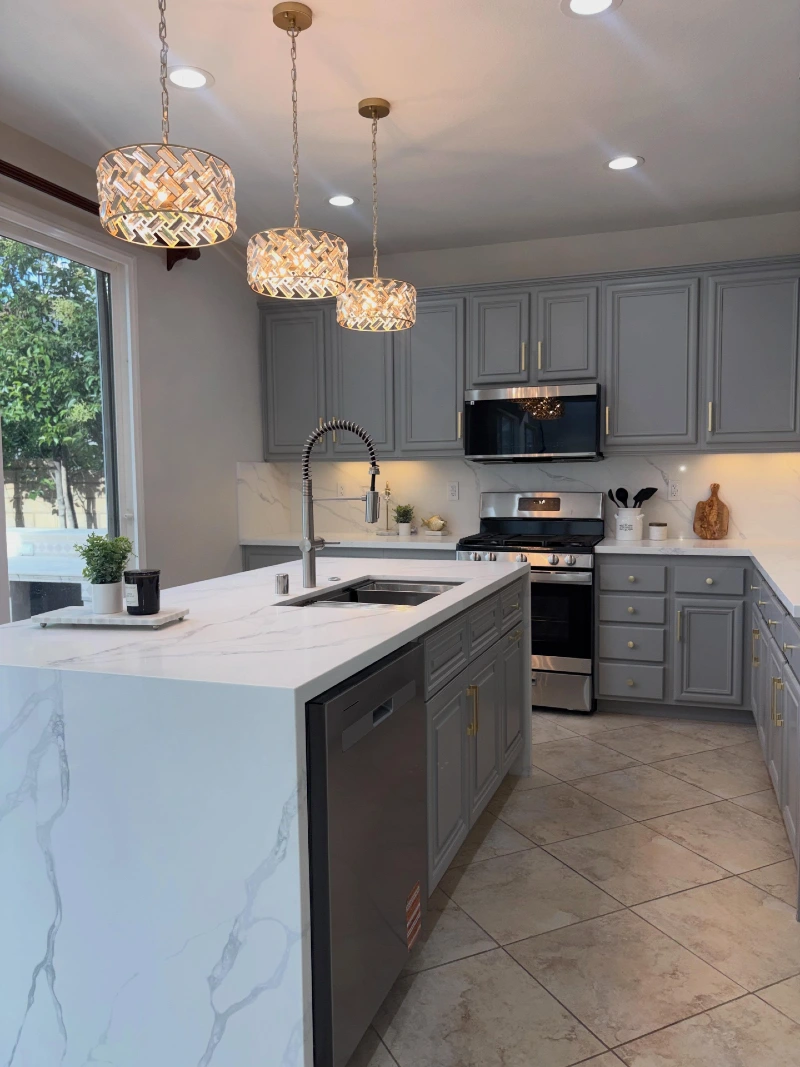 Gray Waterfall Island with Sink, Dishwasher, and Deep Storage Drawers