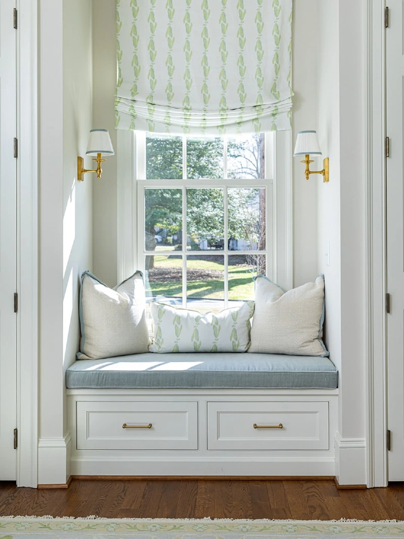 Green Block Print Roman Shade Above a Built In Window Bench