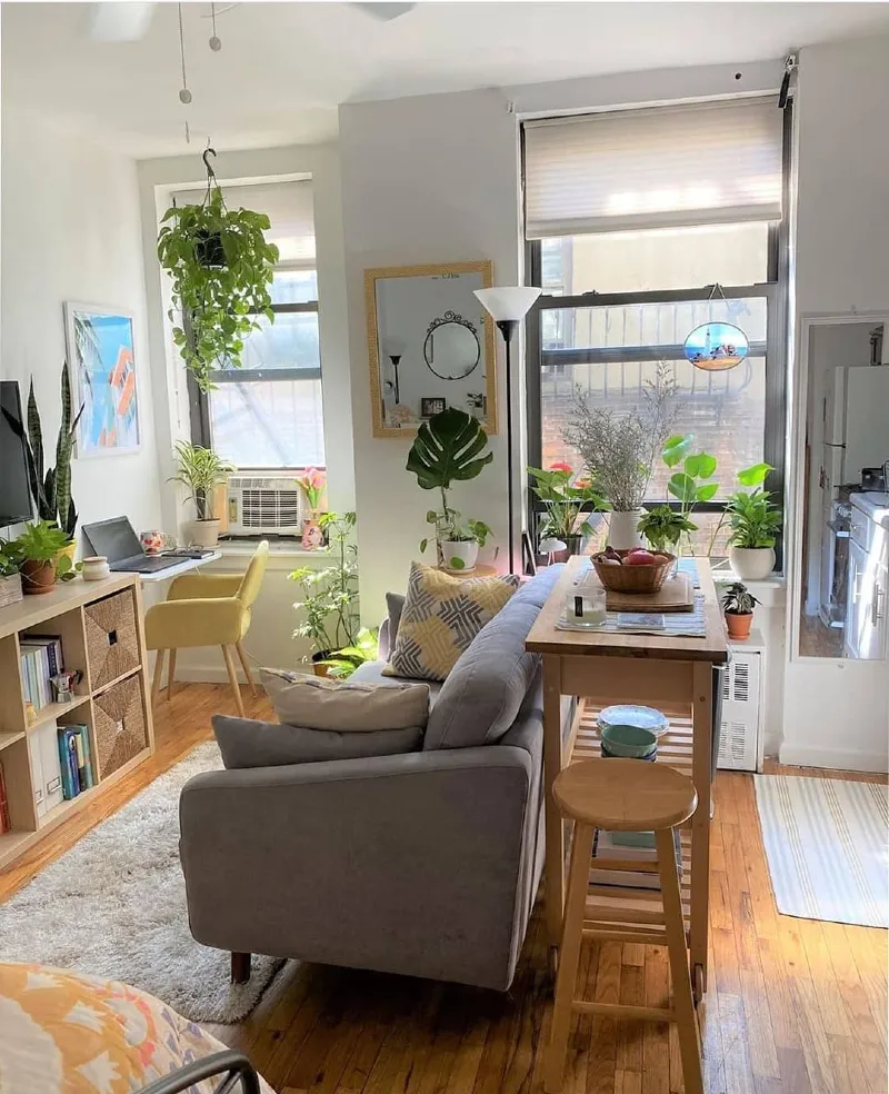 Grey Sofa Console Division with Yellow Desk Nook and Hanging Pothos