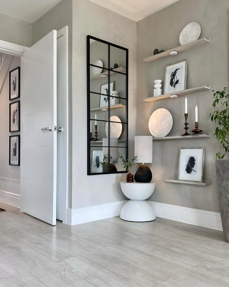 Grid Mirror with Floating Display Shelves and Sculptural Side Table