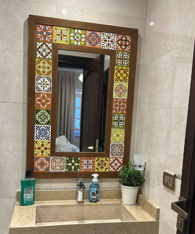 Hand-Painted Talavera Tile Bordered Wooden Mirror