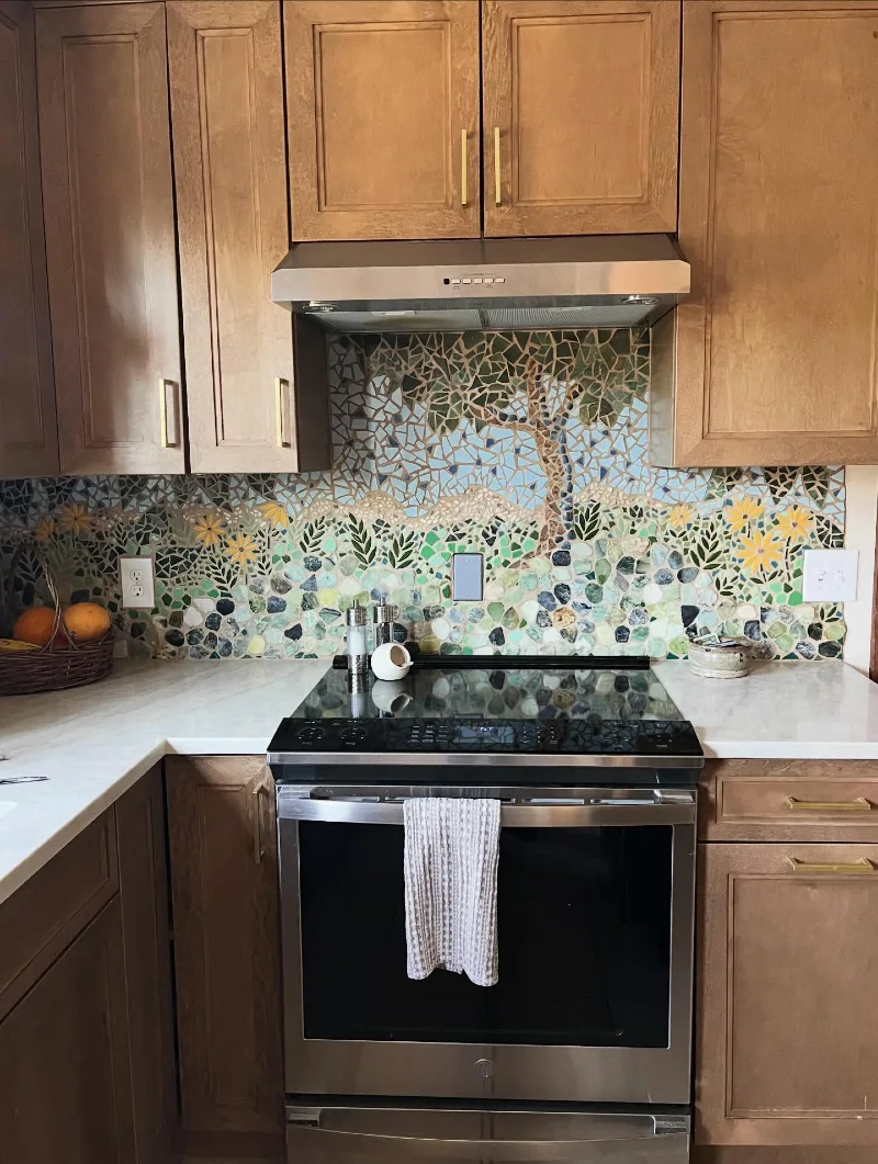 Handmade Mosaic Backsplash with Tree, Flowers, and Pebble Detail