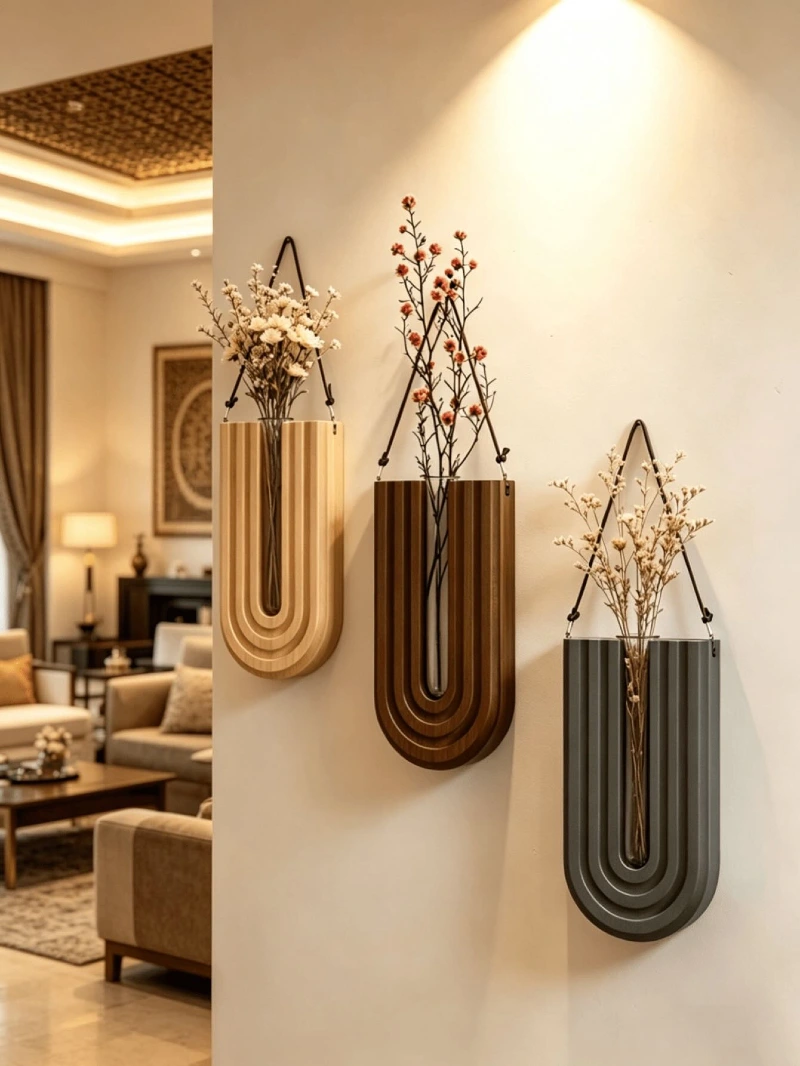 Hanging U-Shaped Wooden Wall Vases with Dried Botanical Stems