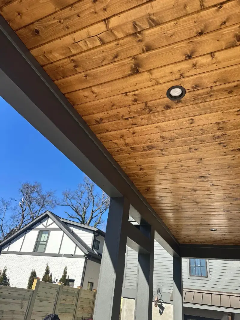 Knotty Pine Ceiling Planks with Dark Charcoal Framing
