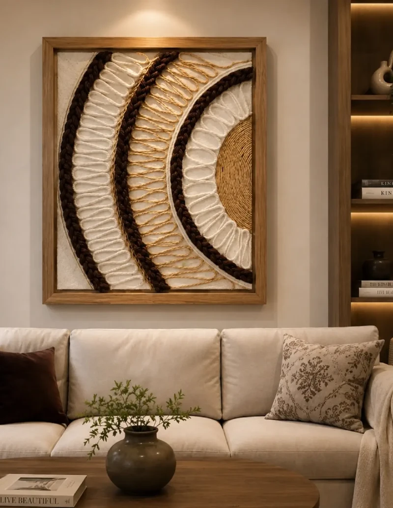 Large Framed Fiber Art Wall Hanging Above Neutral Modern Sofa