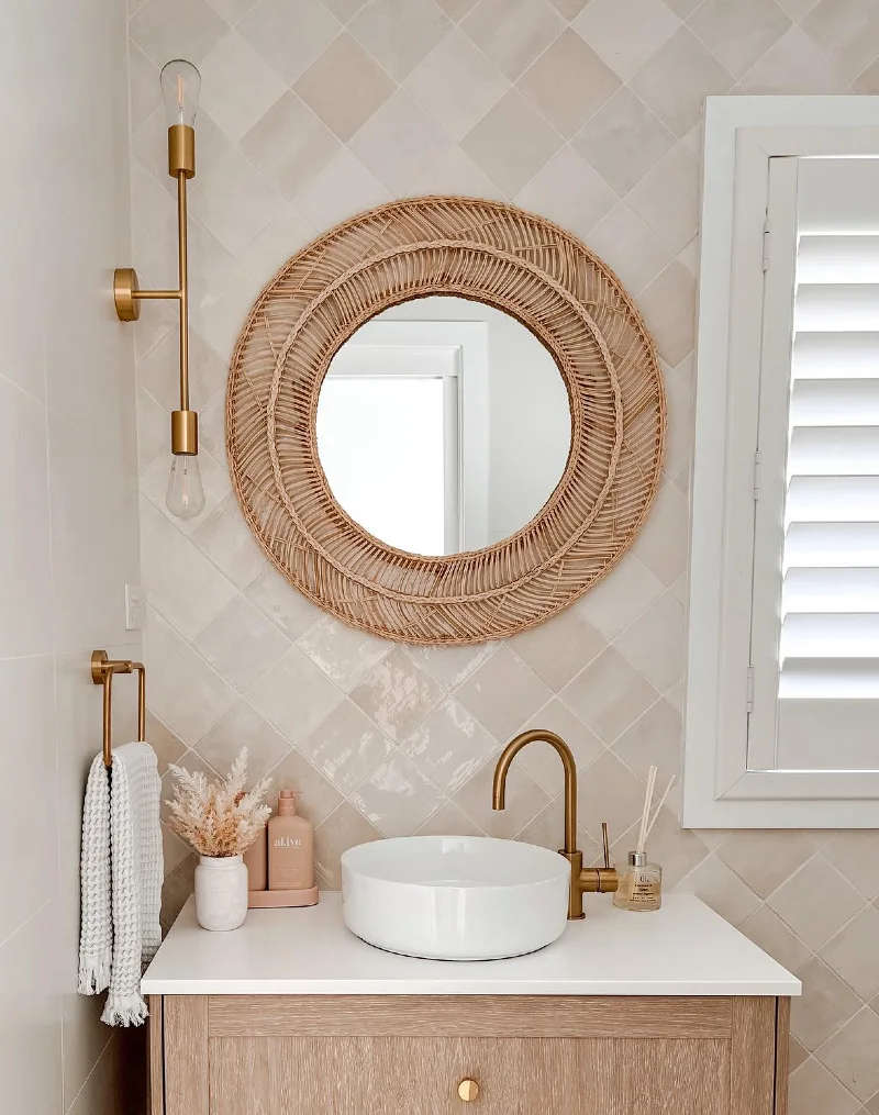 Layered Rattan Woven Mirror on Diagonal Square Tiles