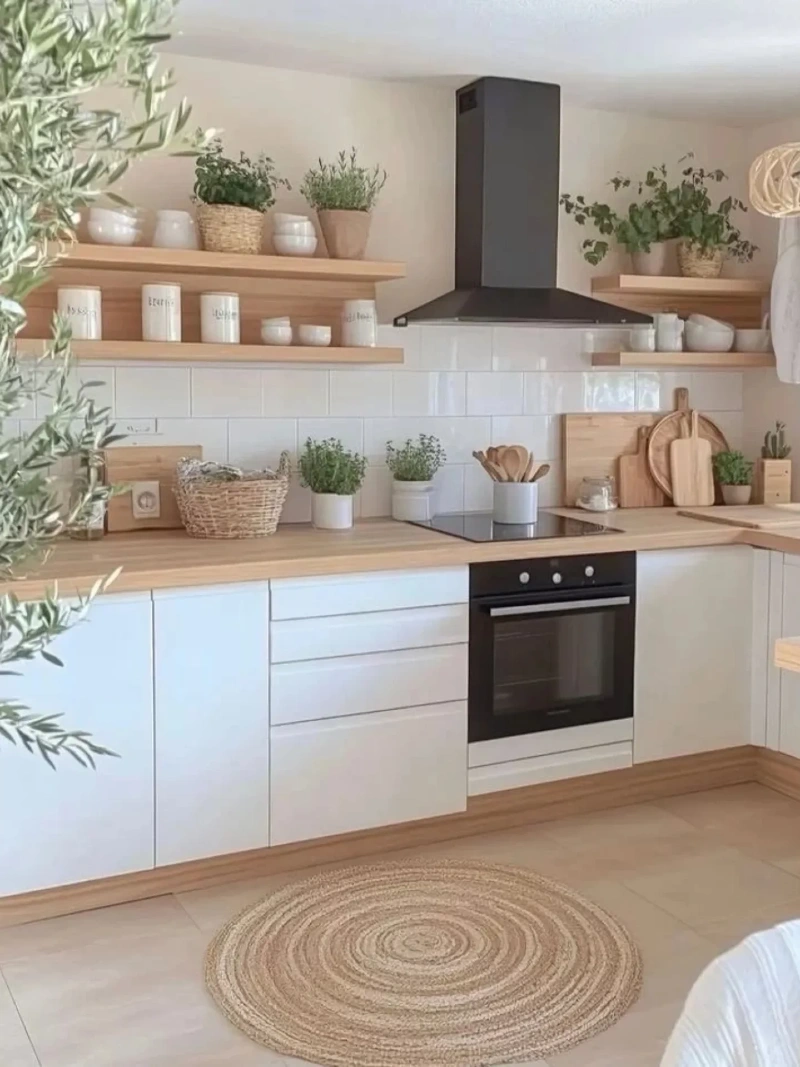 Light Wood Shelves with White Canisters, Potted Herbs, and Stacked Bowls