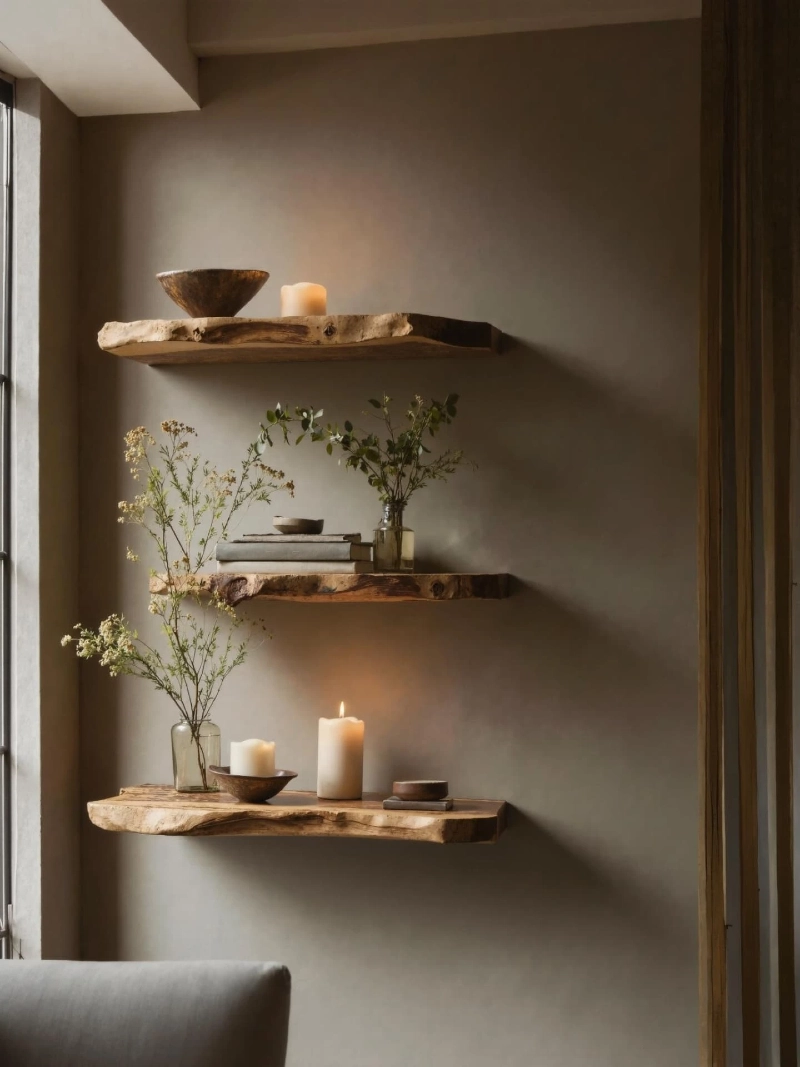 Live Edge Wood Shelves with Candles, Wild Branches, and Earthy Ceramics