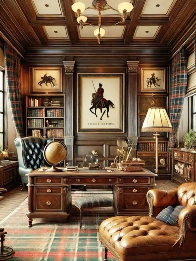 Mahogany Study with Tartan Drapes, Globe, and Tufted Leather Seating