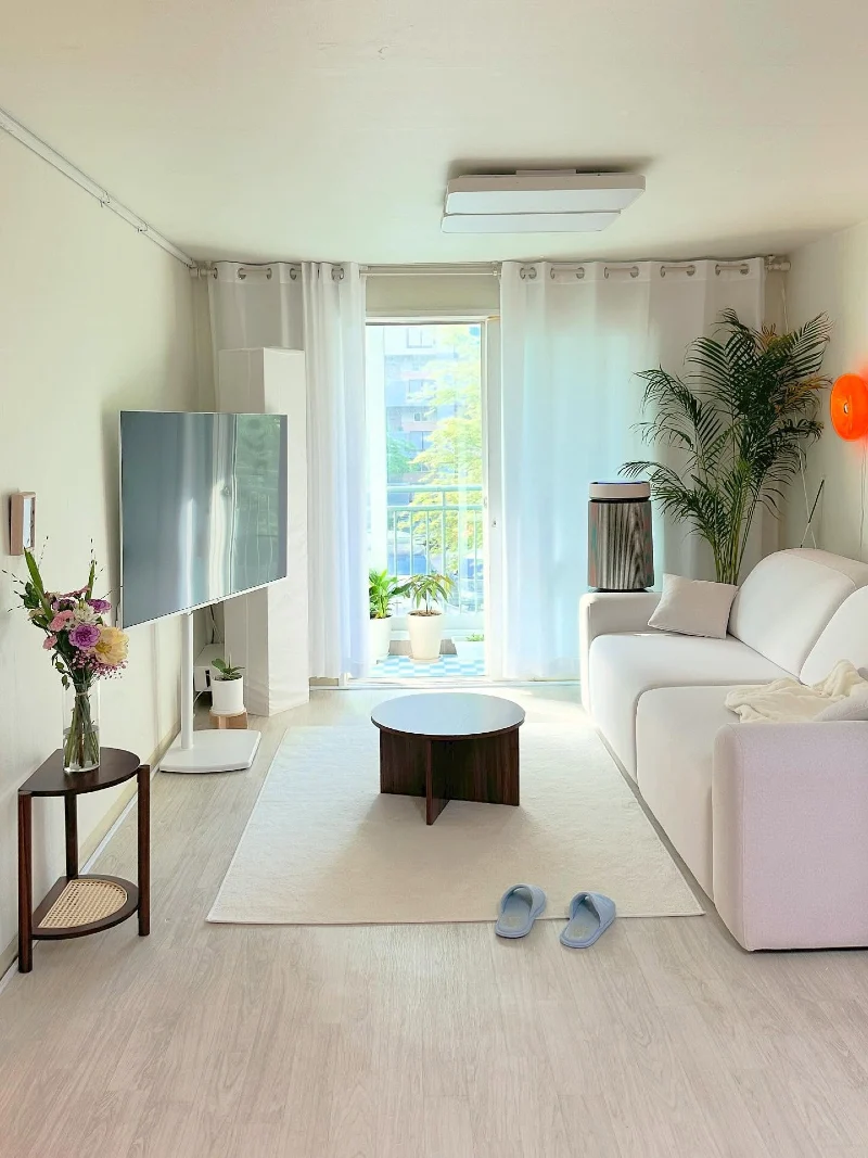 Minimalist Cream Sofa with Dark Wood Drum Table and Floor Palm