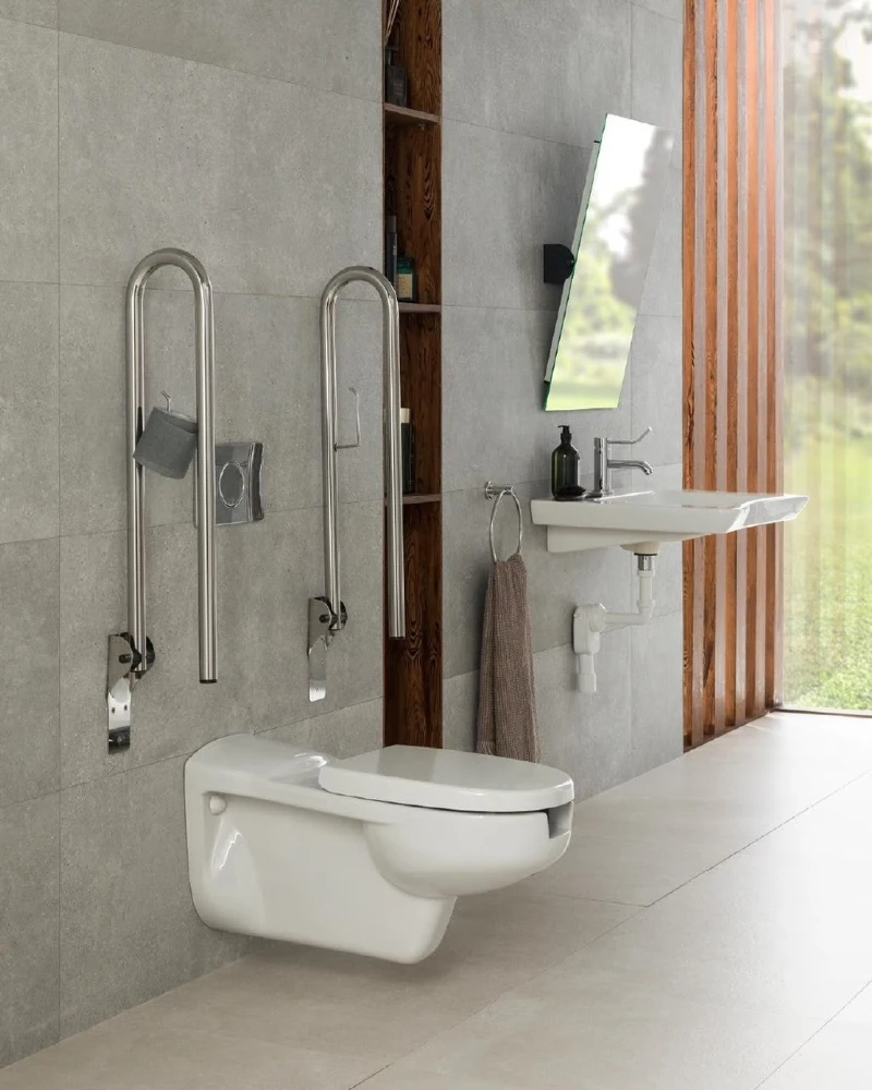 Minimalist Stone Bathroom with Fold-Down Support Arms and Tilting Mirror