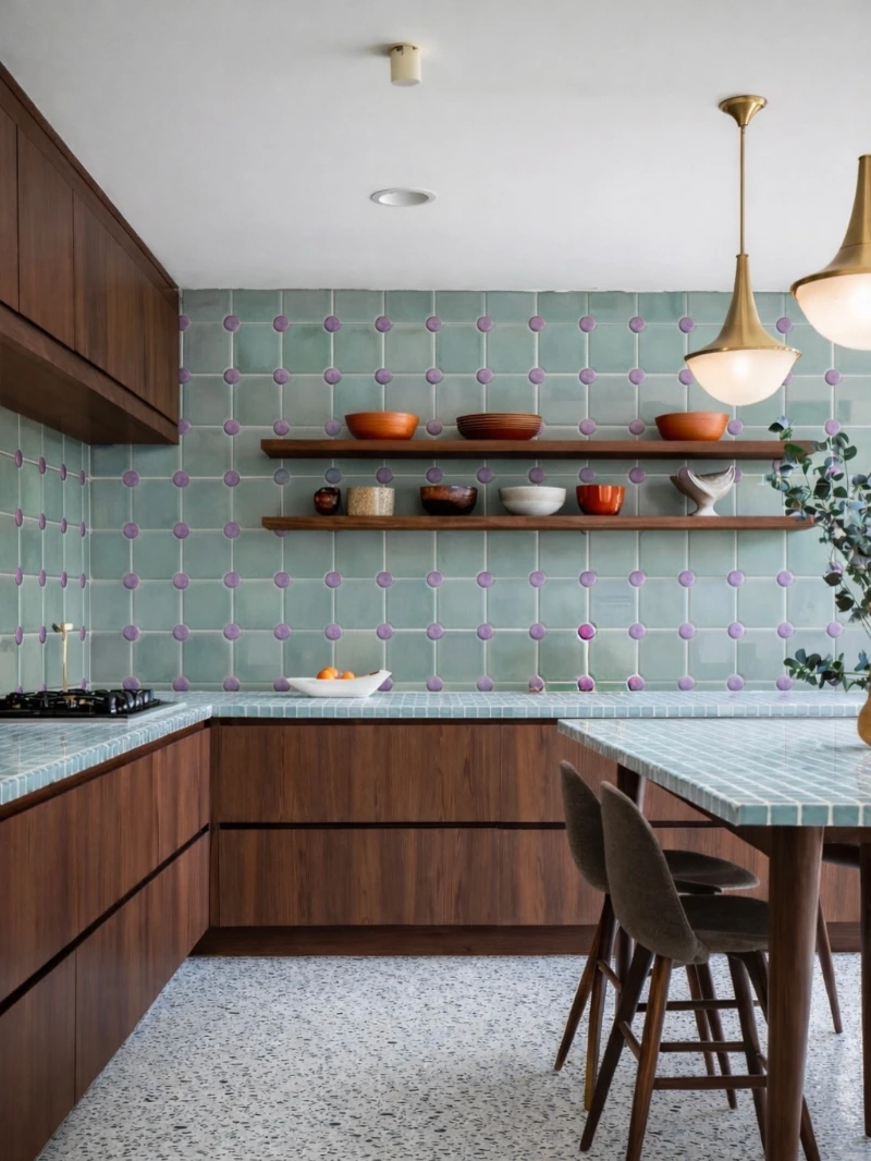 Mint Green Grid Tile with Purple Dot Accents and Walnut Cabinets