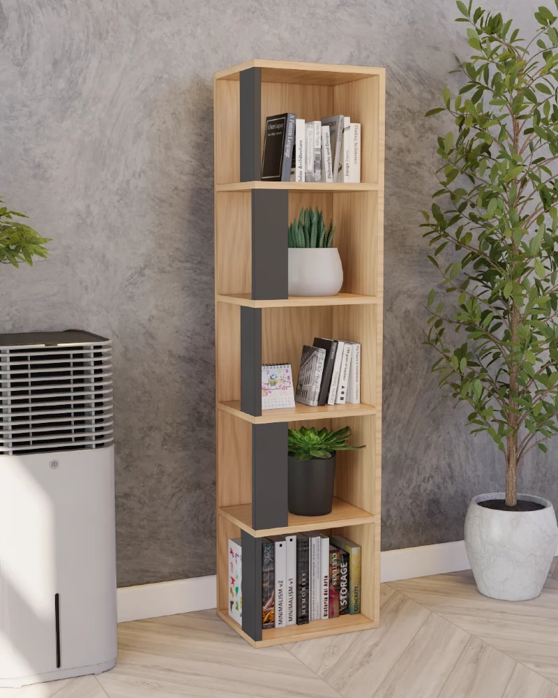Narrow Light Wood Tower with Charcoal Spine Dividers