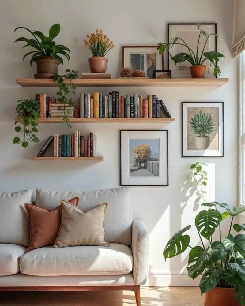 Natural Wood Shelves with Books, Framed Art, and Cascading Greenery