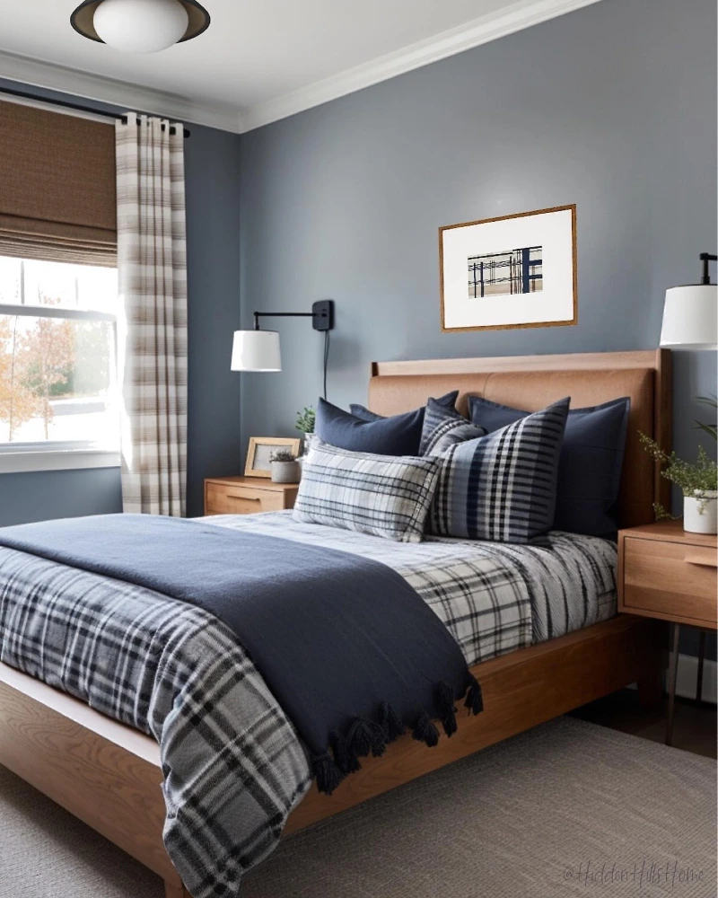Navy Plaid Bedding with Solid Blue Throw and Leather Headboard