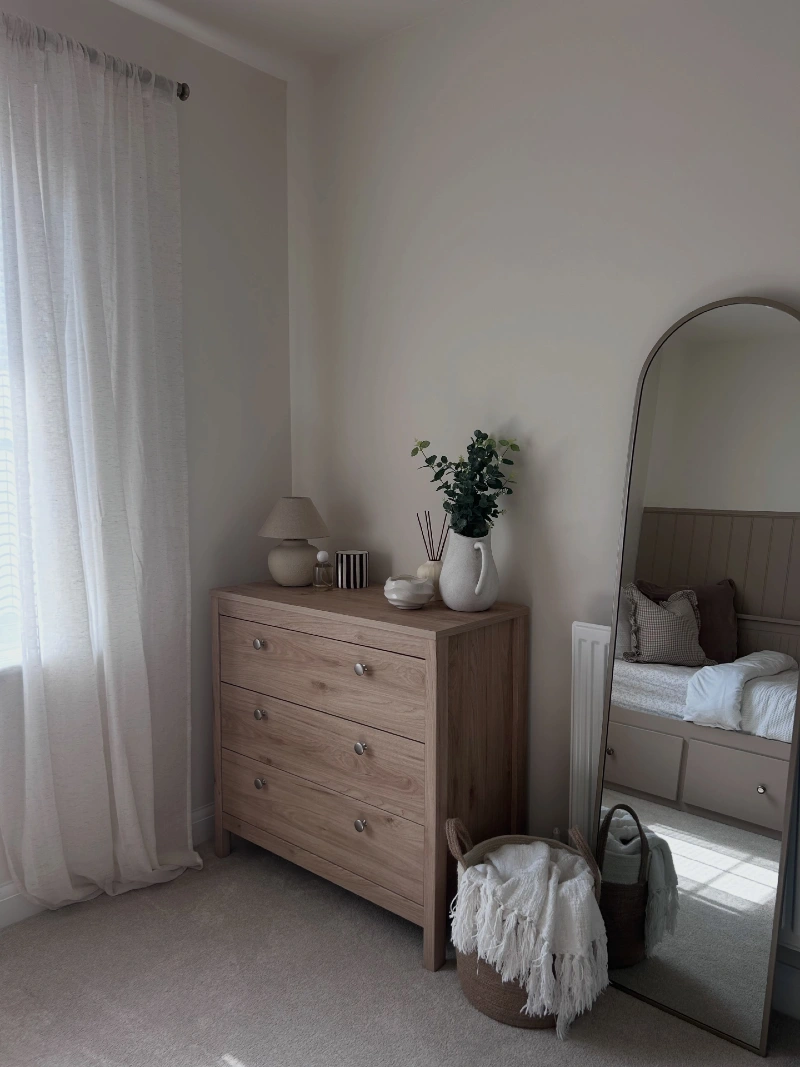 Oak Chest of Drawers with Arched Floor Mirror and Woven Blanket Basket