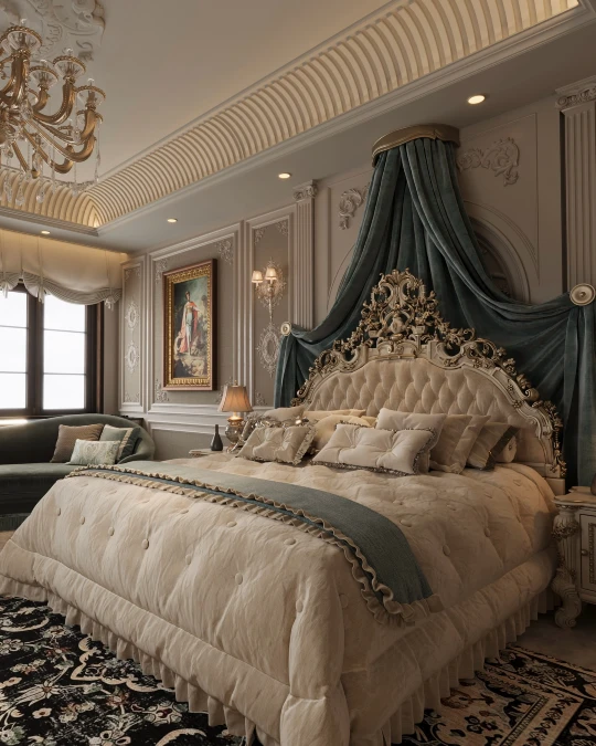 Ornate Carved Wood and Sweeping Velvet Canopies