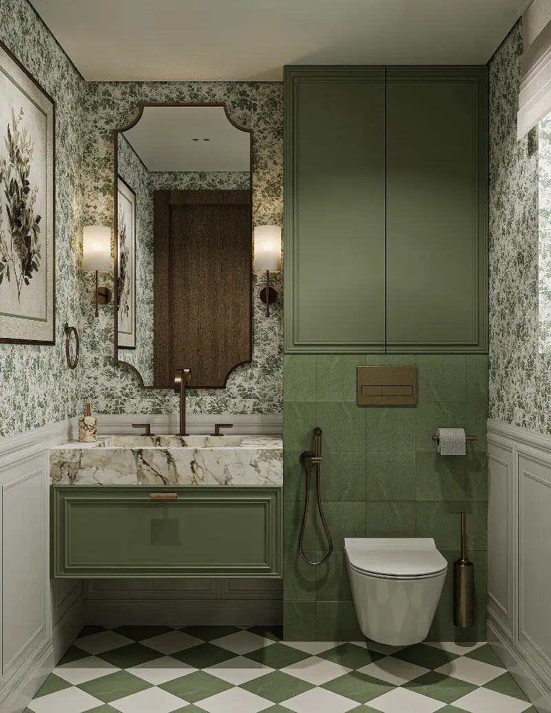 Ornate Cut-Corner Mirror against Green Botanical Wallpaper