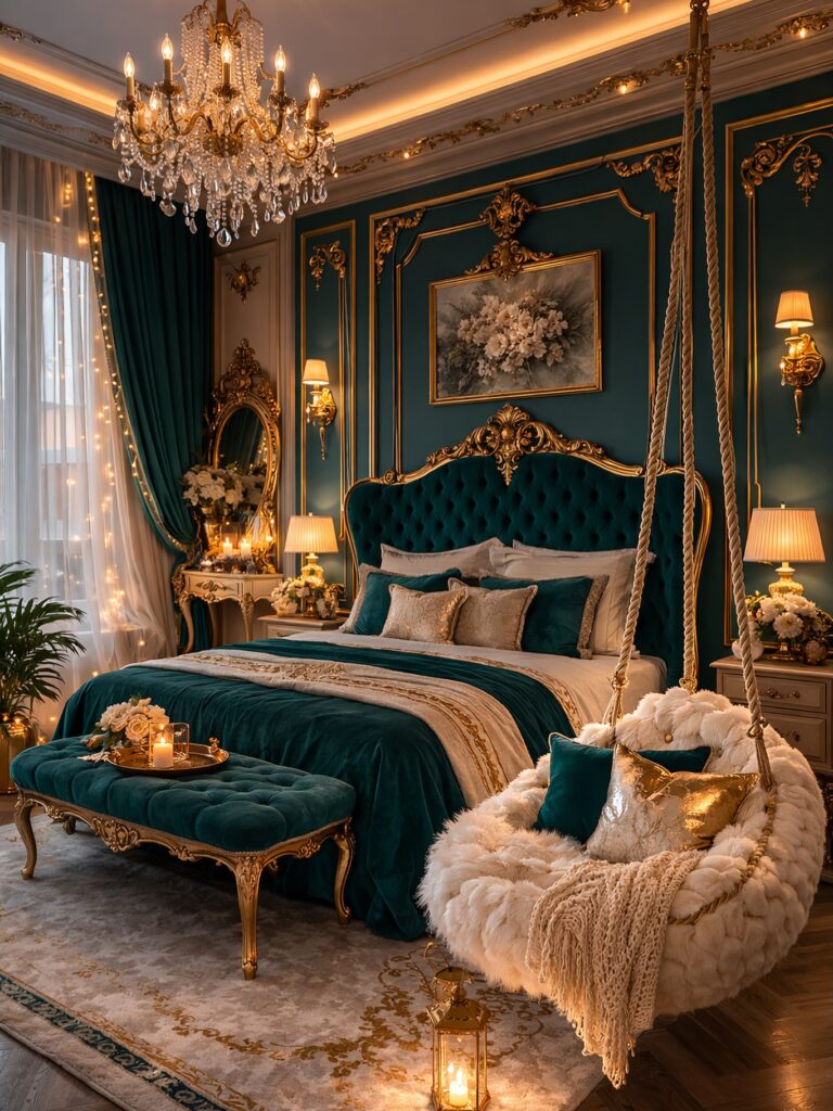 Ornate Gold Trim and Plush Emerald Velvet