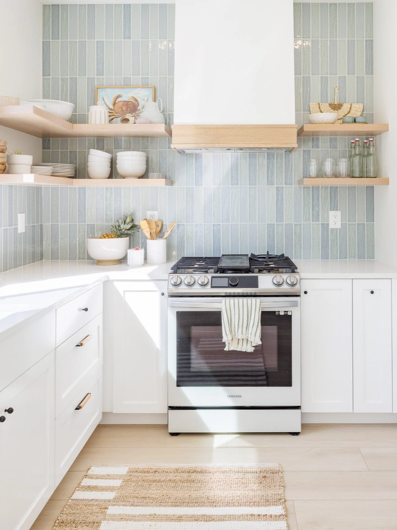 Pale Blue Vertical Tile with Floating Wood Shelves