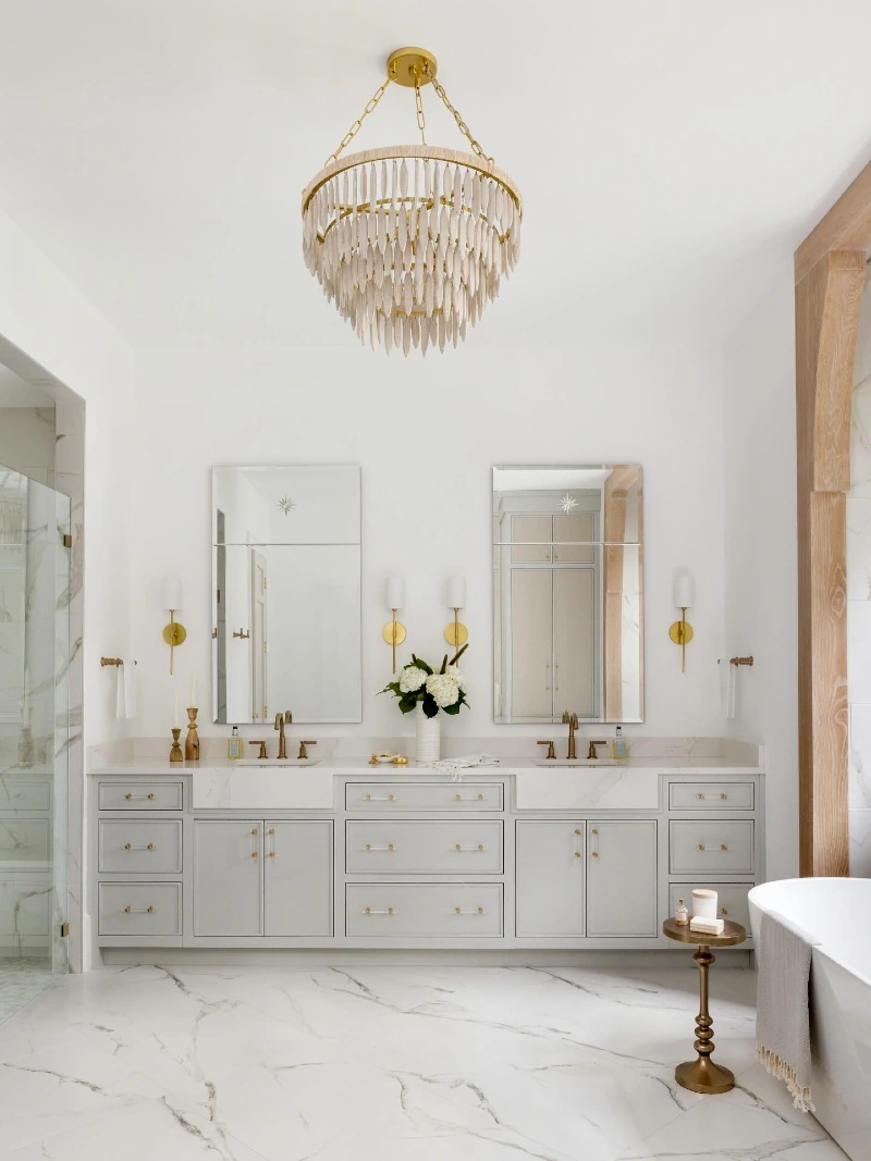 Pale Gray Double Vanity with Cascading Beaded Chandelier