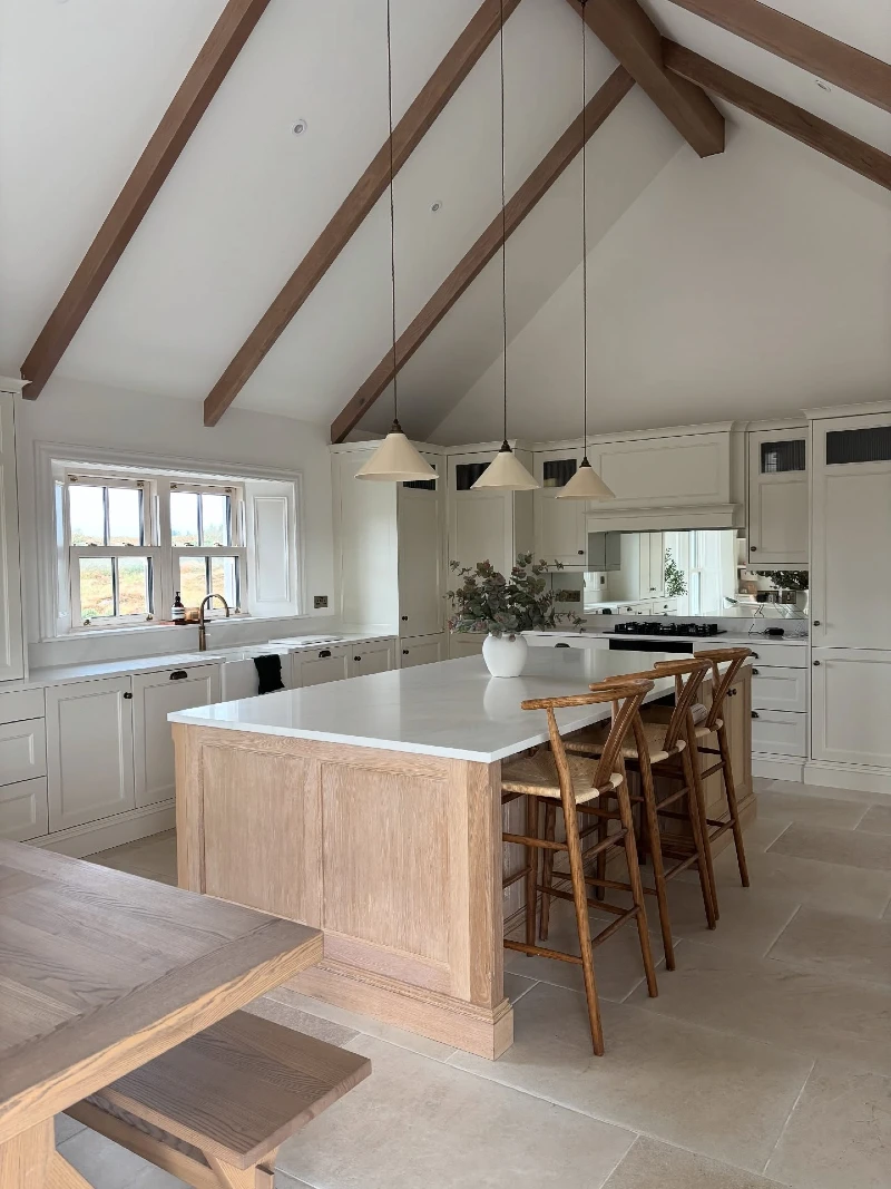Pale Oak Island with White Stone Top and Woven Wood Stools