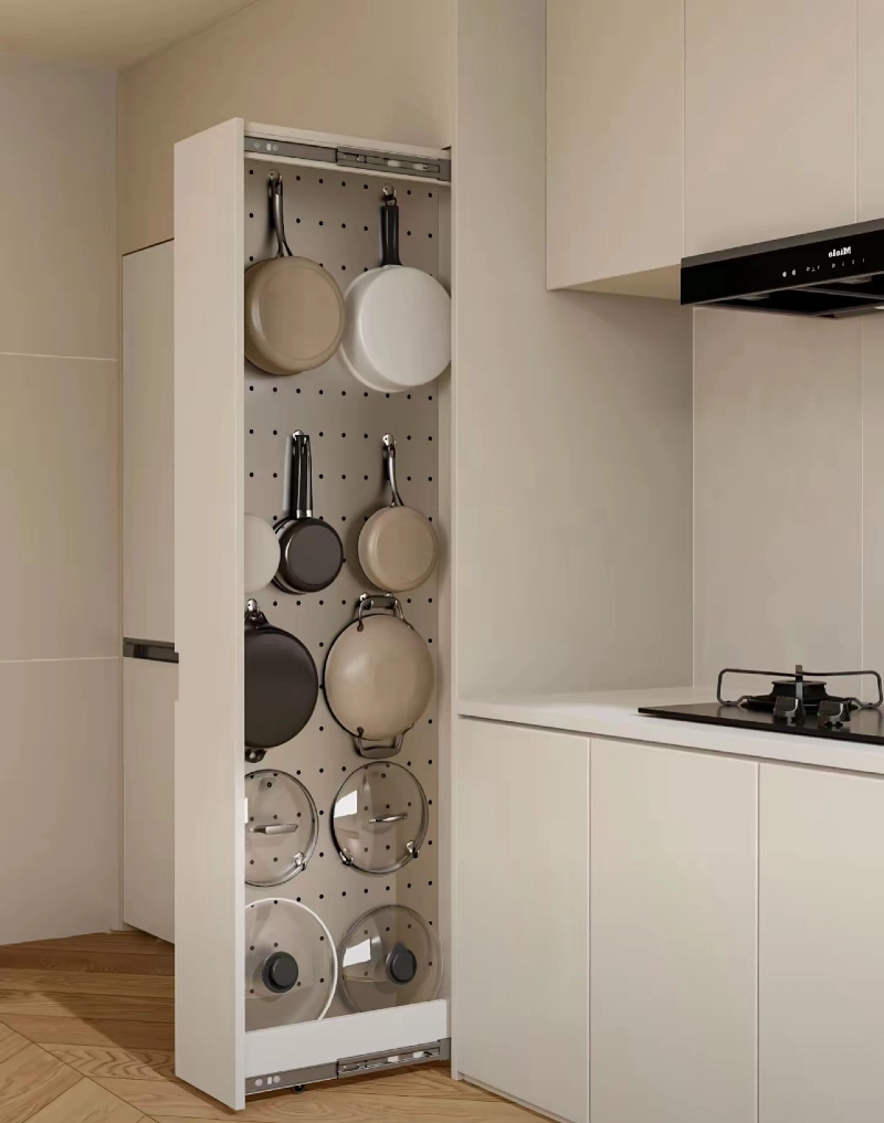 Pull-Out Pegboard Pantry Drawer with Hanging Cookware and Lids