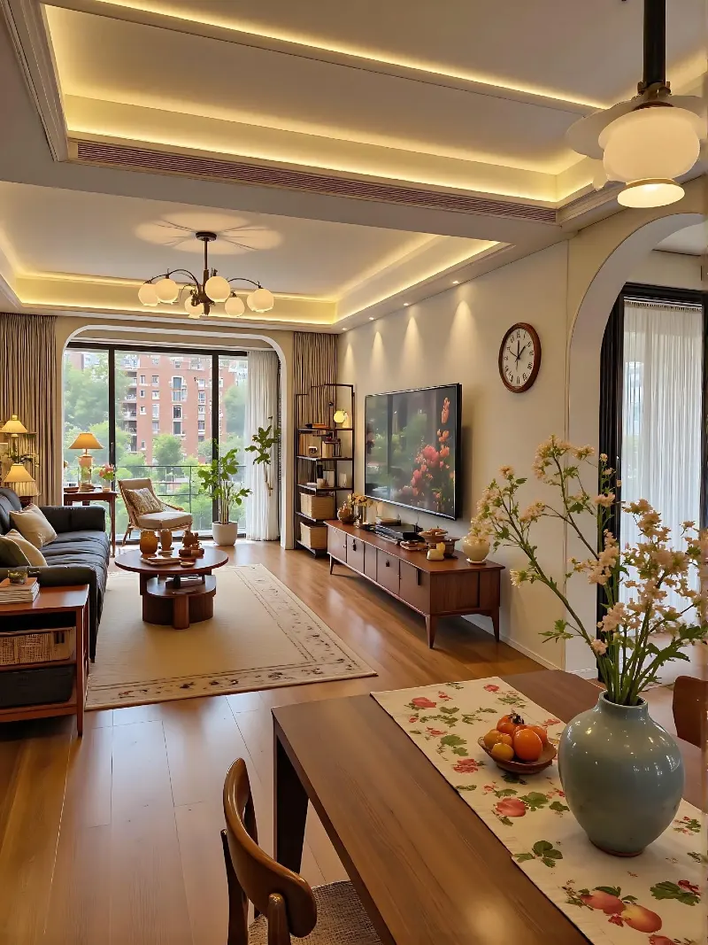 Recessed Tray Ceiling Lighting with Mid-Century Credenza and Arched Transitions