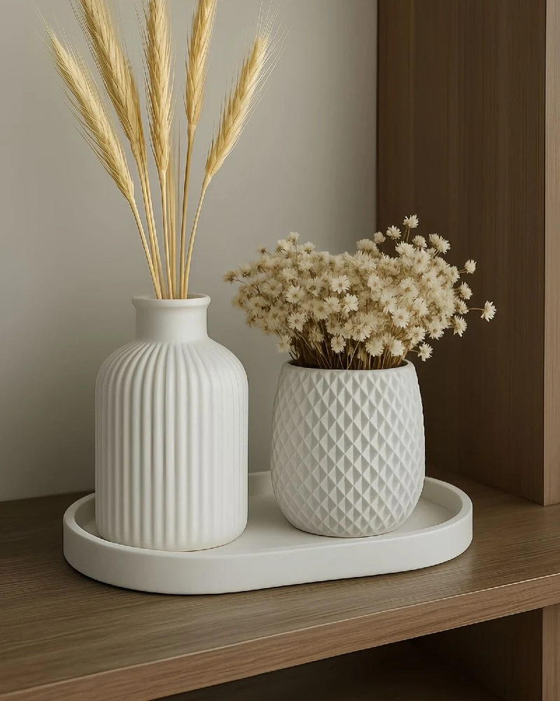 Ribbed Ceramic Vases with Dried Wheat on Oval Tray