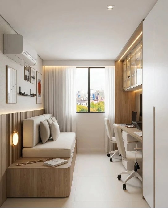 Ribbed Wood Paneling and Double Desks Maximize Utility