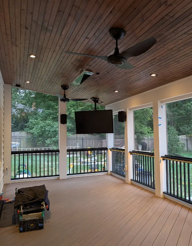 Rich Walnut Tongue-and-Groove Screened Porch Ceiling