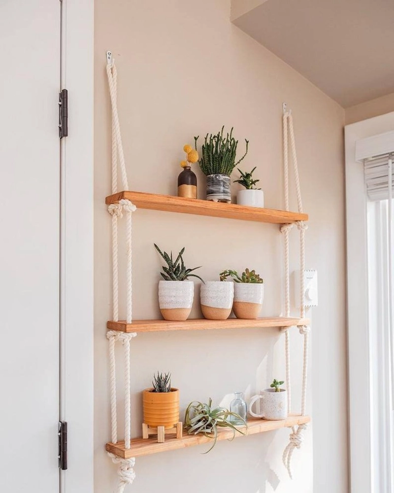 Rope Hung Wood Shelves with Terracotta Pots and Small Succulents