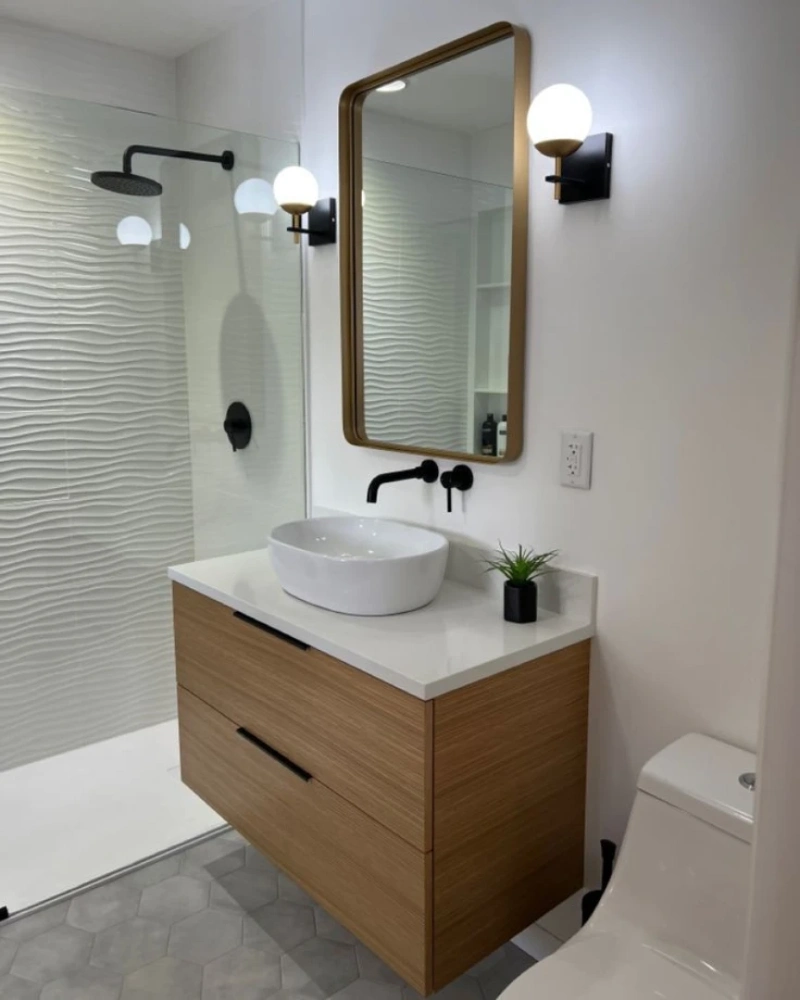 Rounded Corner Vertical Mirror with Globe Sconces