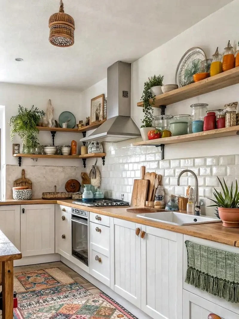 Rustic Wood Shelves with Colorful Glass Jars, Greenery, and Collected Ceramics