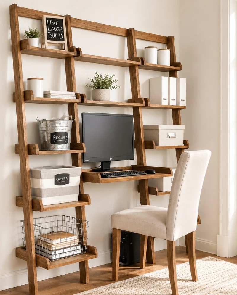 Rustic Wooden Ladder Desk Unit with Built-In Upper Shelving