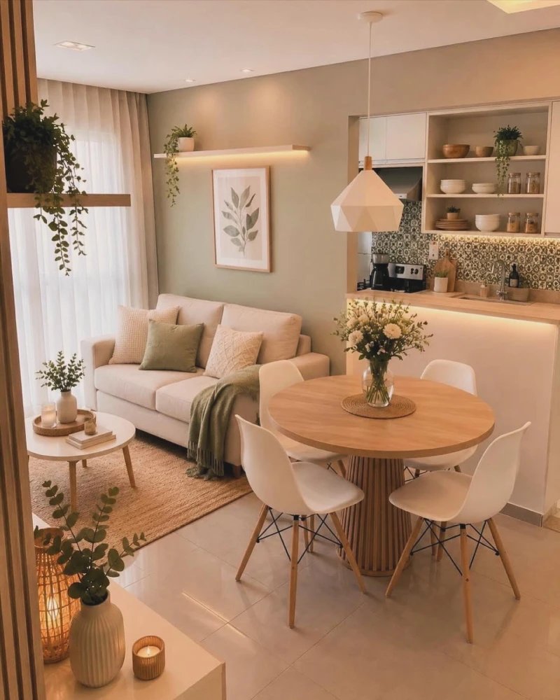 Sage Green Accent Wall with Slatted Dining Table and Floating Backlit Shelf