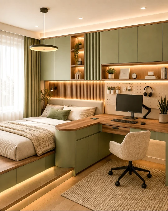 Sage Green Built Ins Merge Sleep and Work Zones