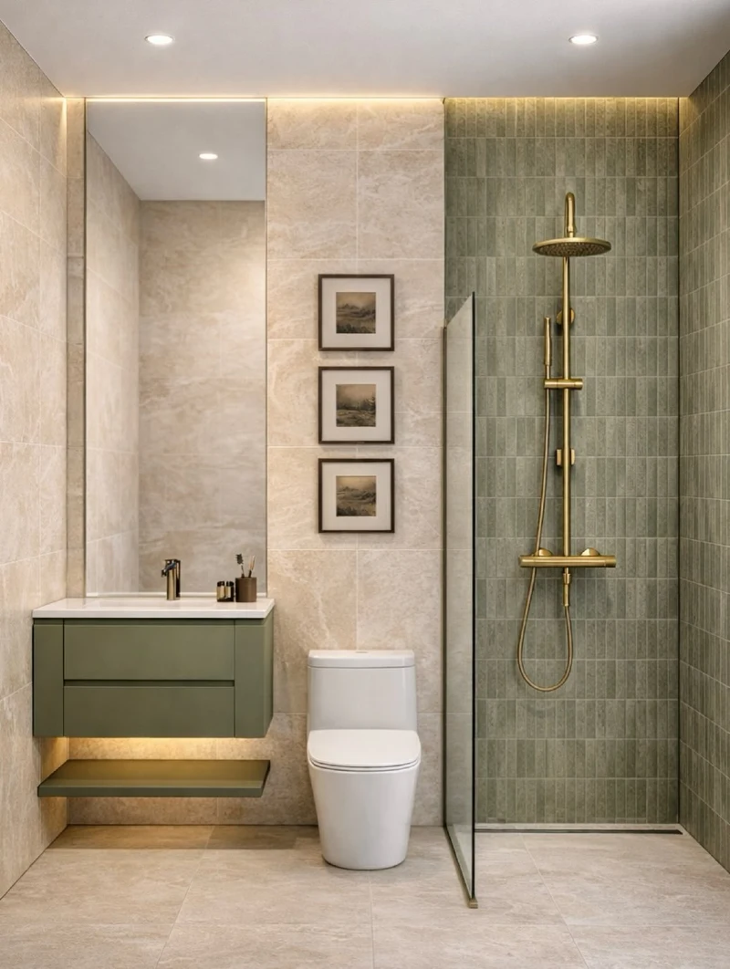 Sage Green Finger Tile Walk-in Shower with Floating Olive Vanity