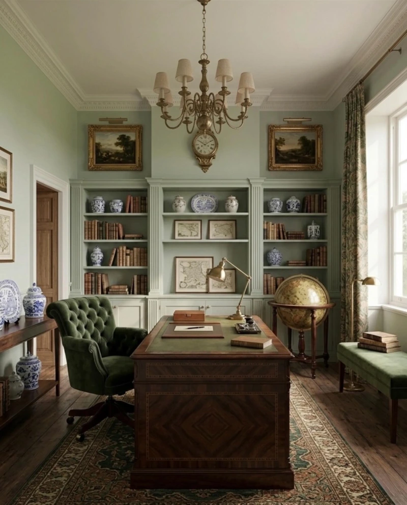 Sage Green Library with Globe, Velvet Chair, and Inlaid Writing Desk