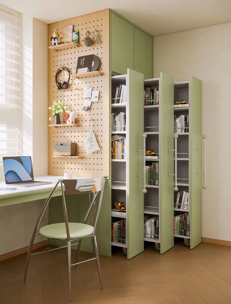 Sage Green Rolling Pull-Out Bookcase Towers with Pegboard Wall