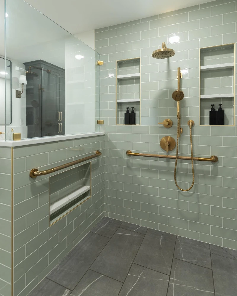 Sage Green Subway Tile Walk-In Shower with Brushed Gold Hardware and Dual Storage Niches