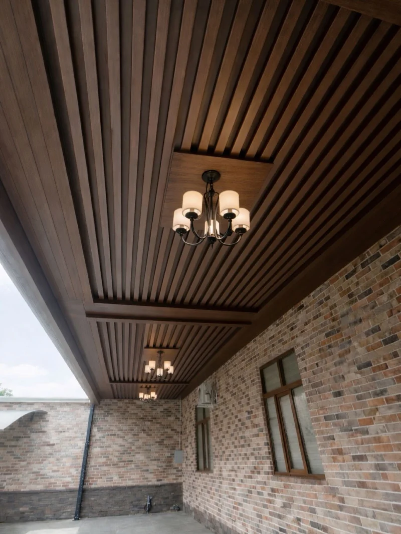 Slatted Wood Slat Ceiling with Multi-Bulb Traditional Chandeliers