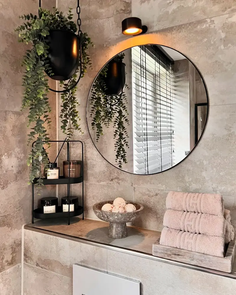 Slim Black Circle Mirror with Trailing Greenery