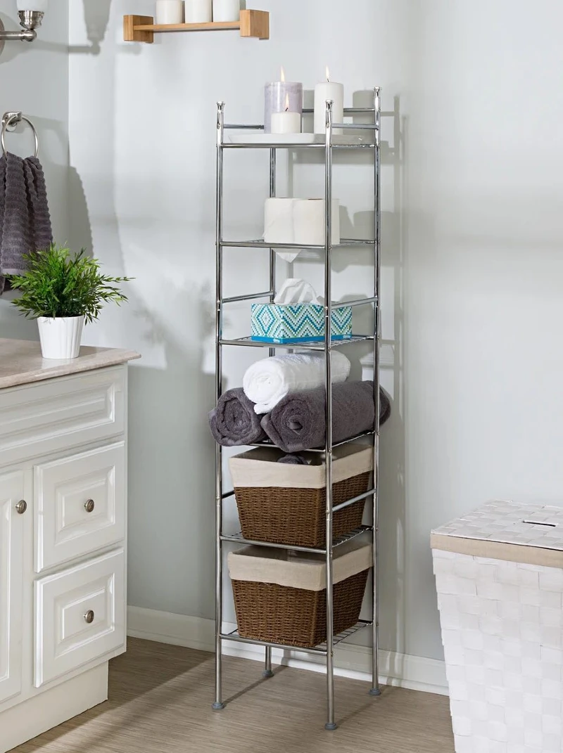 Slim Chrome Wire Tower with Woven Baskets and Rolled Towels